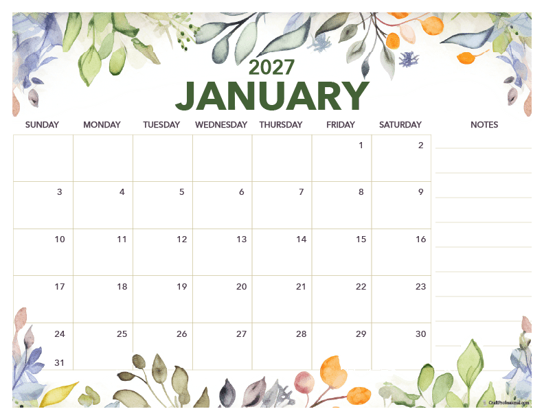 January 2027 printable floral calendar with decorative flowers and notes section.