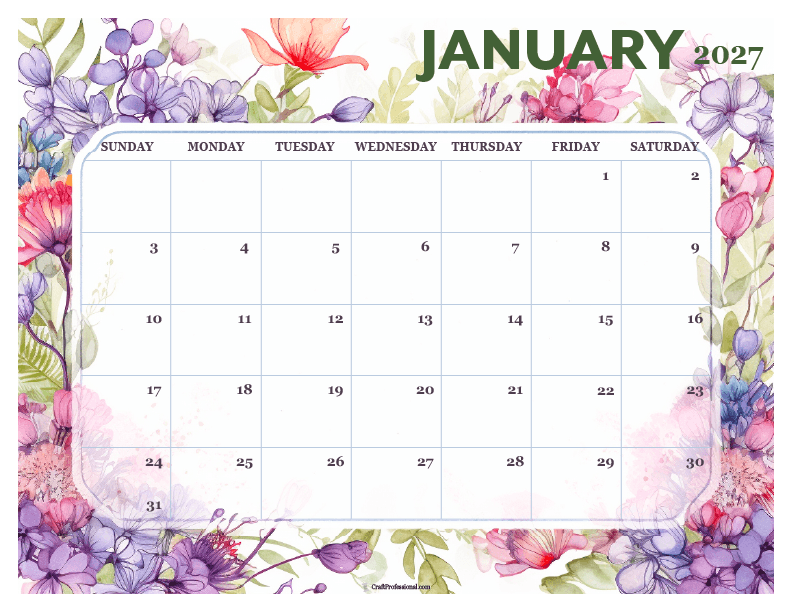 January 2027 printable floral calendar with decorative flower design.