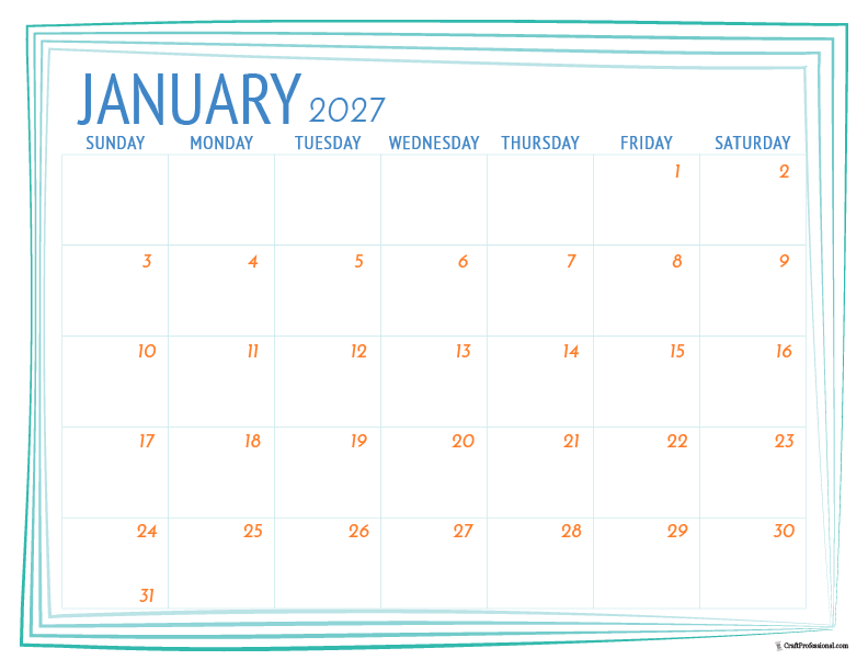 January 2027 printable calendar with simple decorative frame.