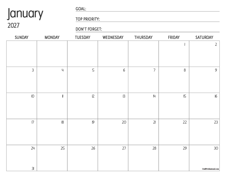 January 2027 printable calendar with priorities and goals section