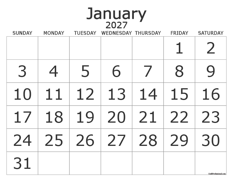 Large-print January 2027 printable calendar with oversized dates and clear layout