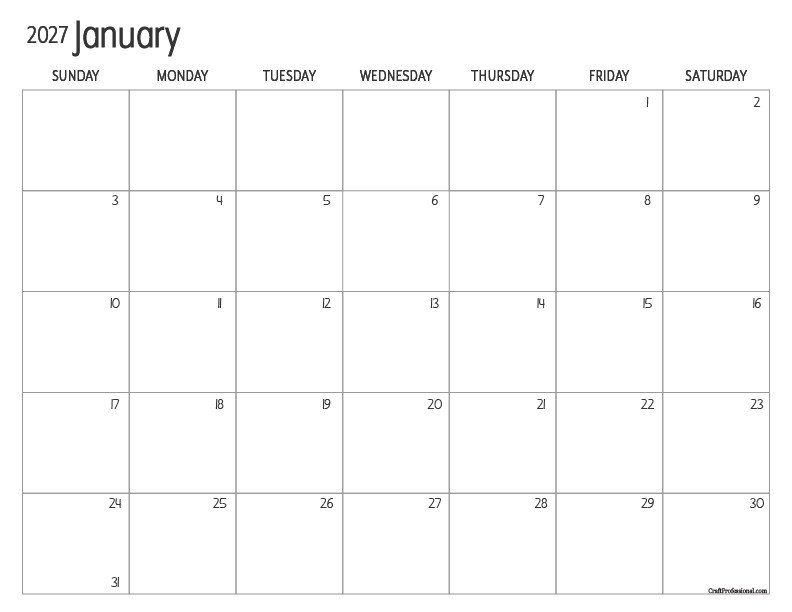 January 2027 printable calendar with large date boxes and maximum writing space