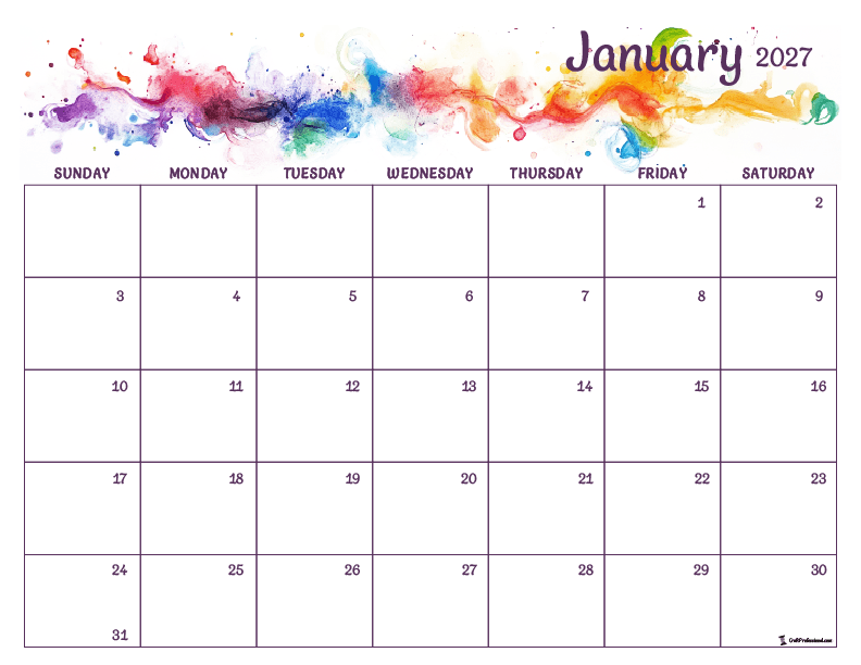 January 2027 printable calendar with colorful watercolor rainbow design.