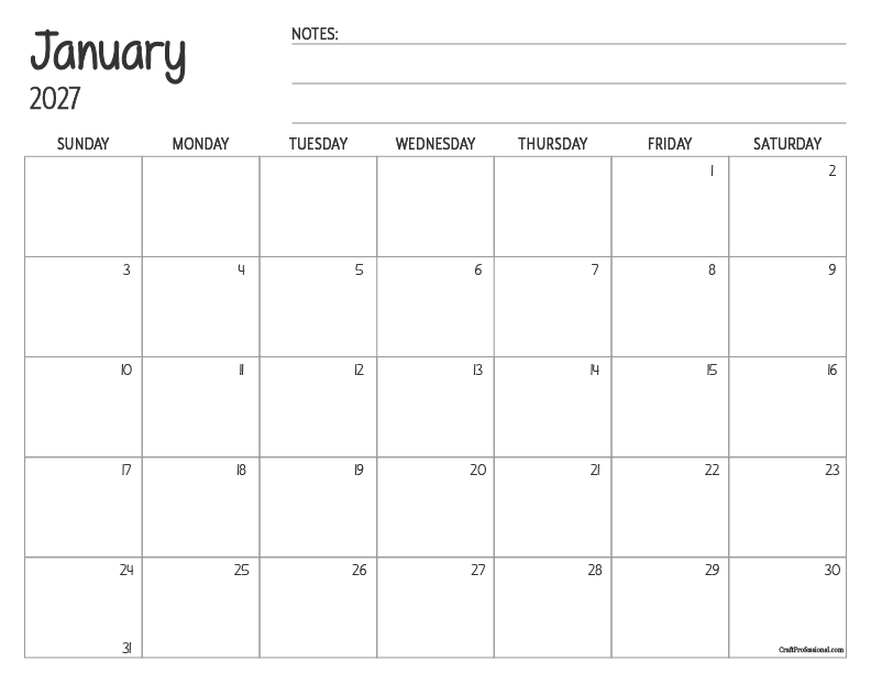 January 2027 printable calendar with monthly notes section.