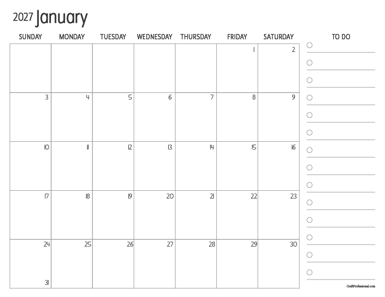 January 2027 printable calendar with monthly to-do list