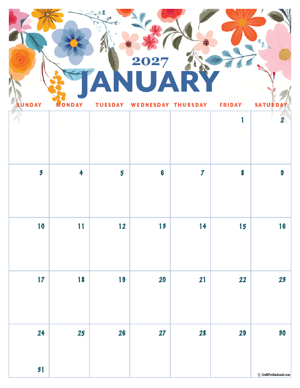 Portrait January 2027 printable calendar with folk art floral design.