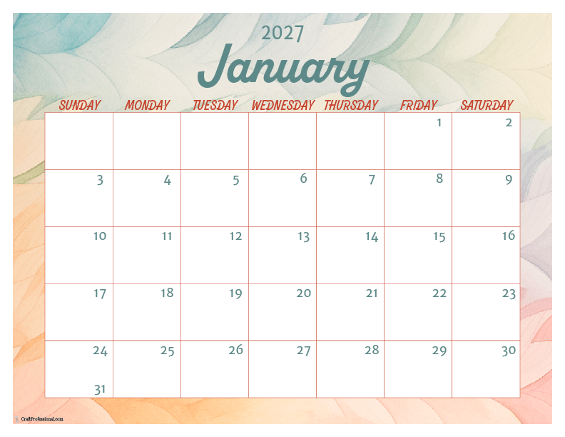 January 2027 printable calendar with green and orange watercolor design.
