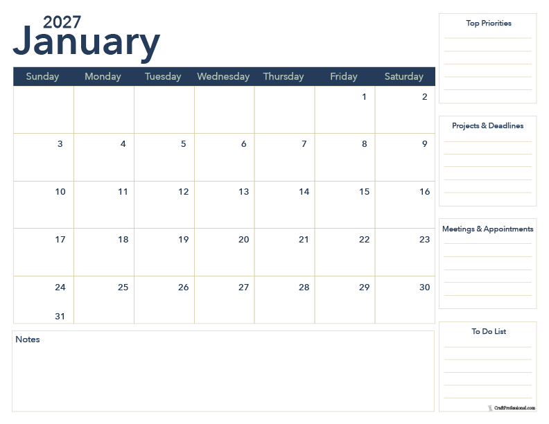 January 2027 work and office printable calendar for meetings, deadlines, and projects