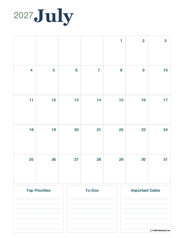 July 2027 printable calendar, vertical orientation for clipboards or binders.