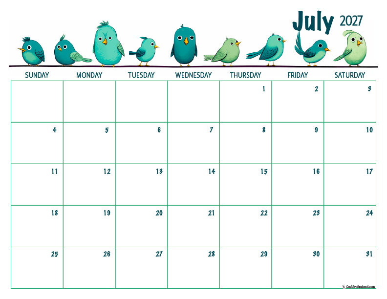 July 2027 printable calendar with cartoon birds design.