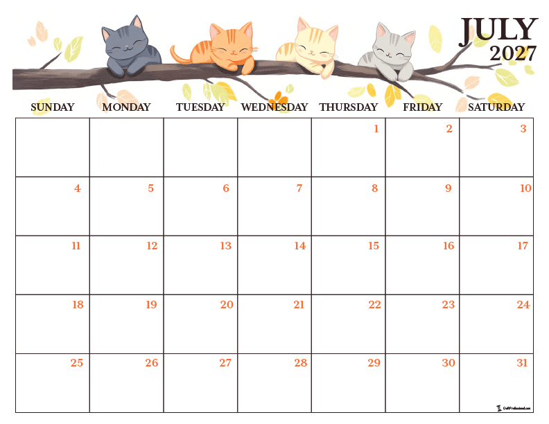 July 2027 printable calendar with cartoon cat design.
