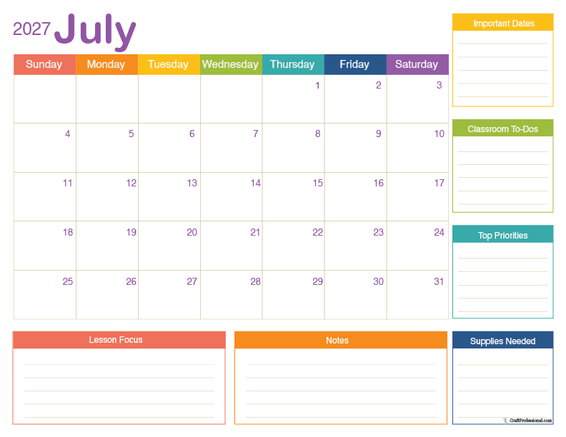 July 2027 printable calendar for classroom teachers.
