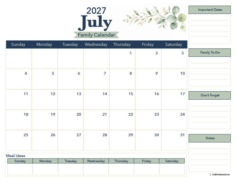 July 2027 printable calendar designed for families.