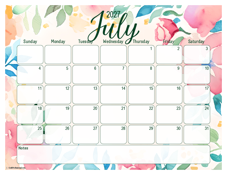 July 2027 printable calendar, floral design with notes area.
