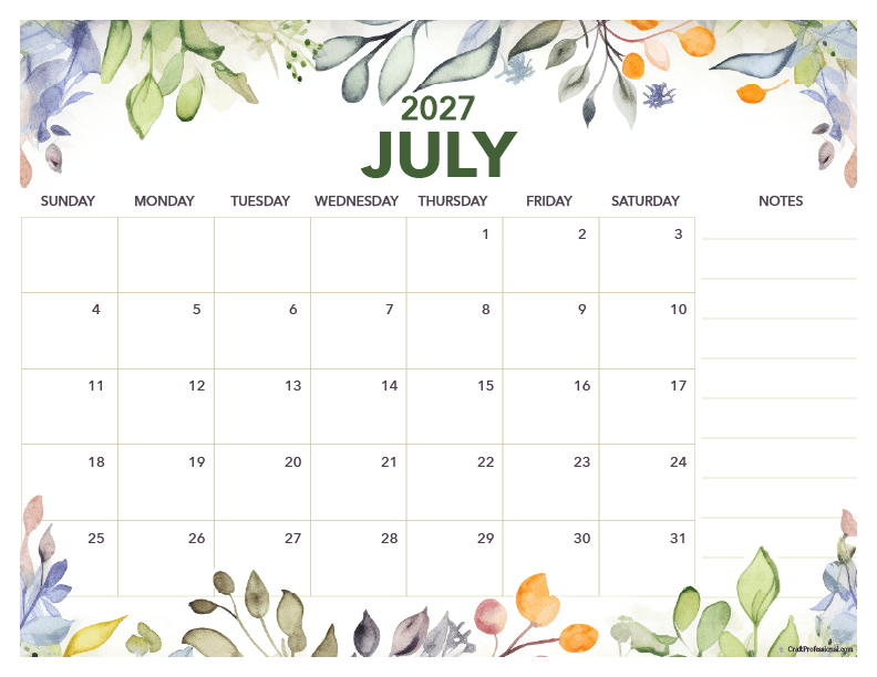 July 2027 printable calendar with watercolor floral design with notes column.