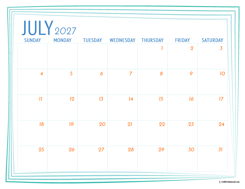 July 2027 printable calendar with teal colored frame.