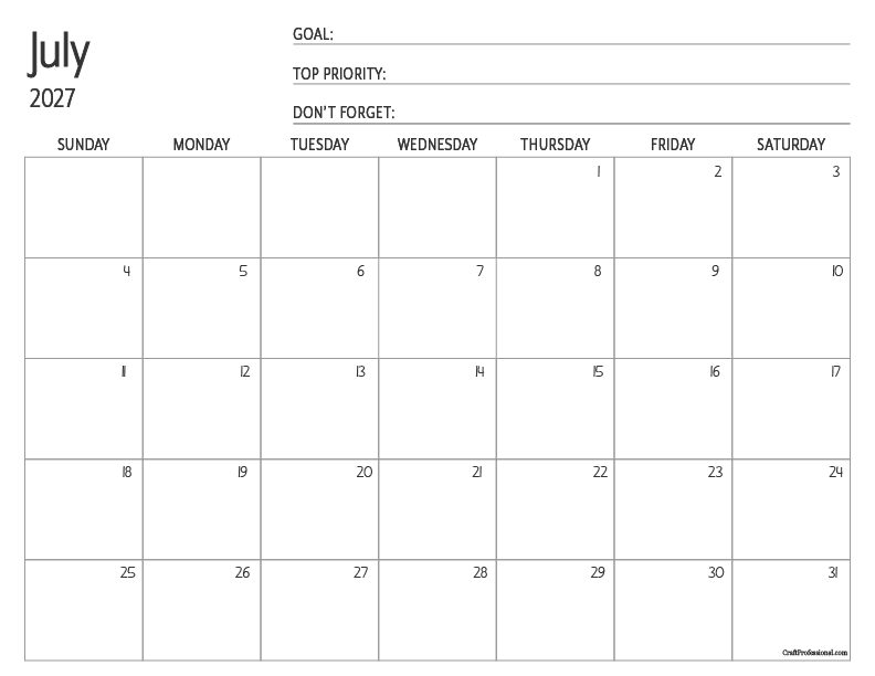 July 2027 printable calendar with space for goal setting notes.