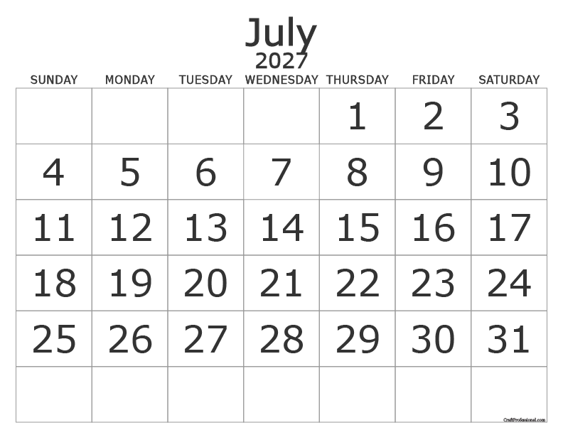 July 2027 printable calendar with large text.