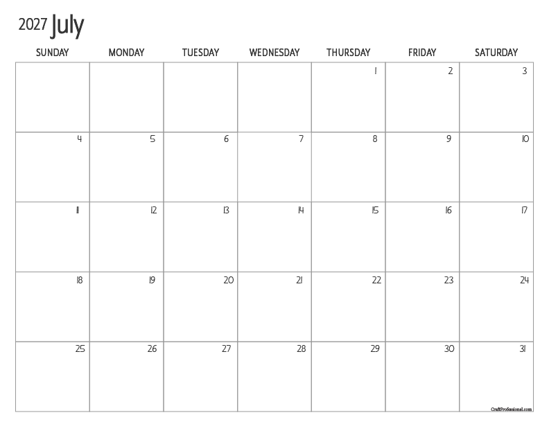 Printable July 2027 calendar, simple design with maximum writing space.
