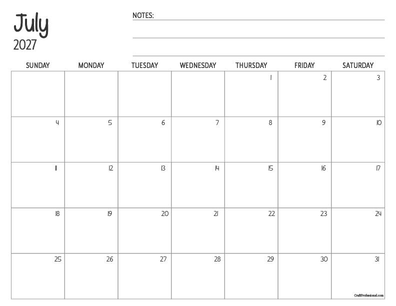 July 2027 printable calendar, simple design with note.