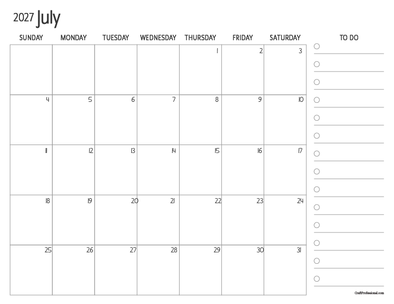 July 2027 printable calendar, simple design with to do list.