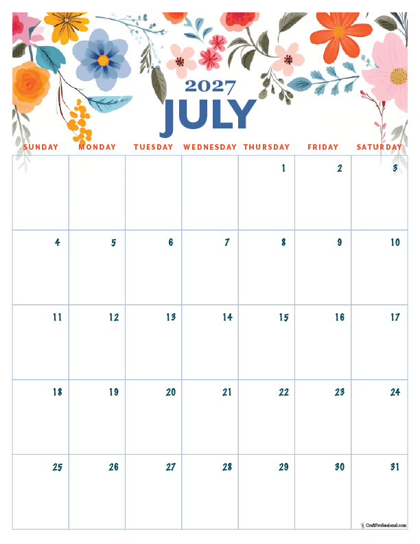July 2027 printable calendar, vertical with folk art floral design.