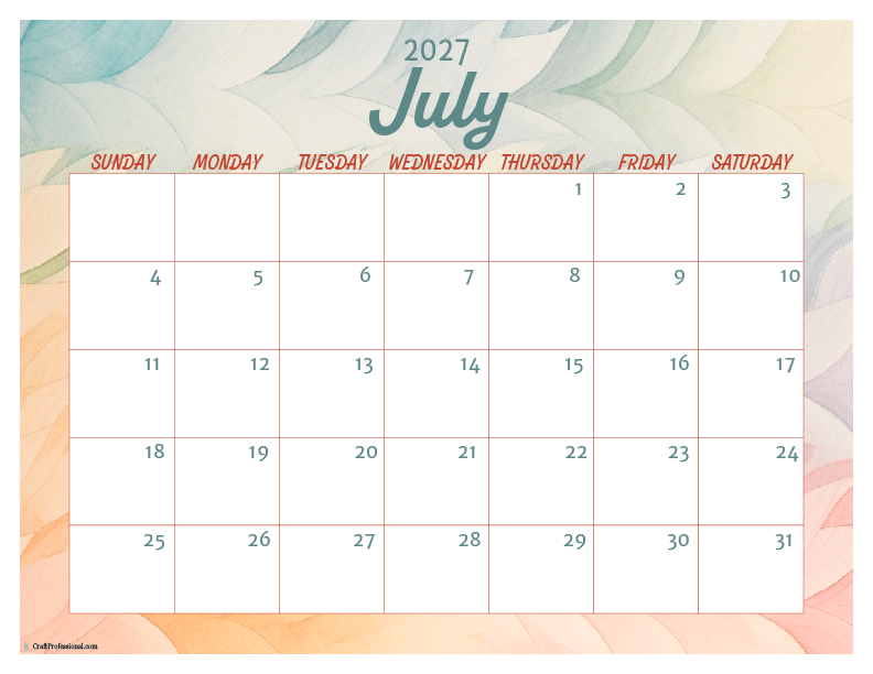 July 2027 printable calendar with abstract watercolor design.