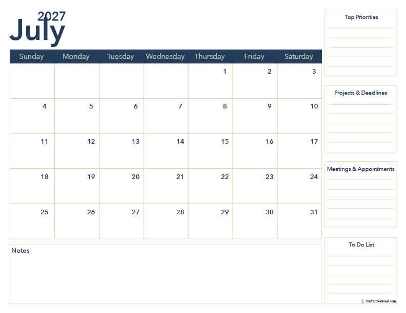 July 2027 printable calendar designed for work and office.