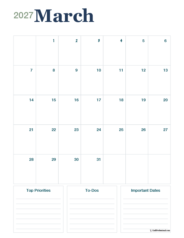 2027 March calendar, vertical orientation, designed to fit in a binder or planner. 2027 March calendar, vertical orientation, designed to fit in a binder or planner.