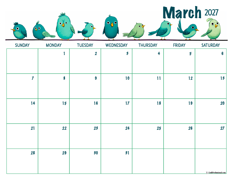 March 2027 calendar with cute cartoon birds design. March 2027 calendar with cute cartoon birds design.