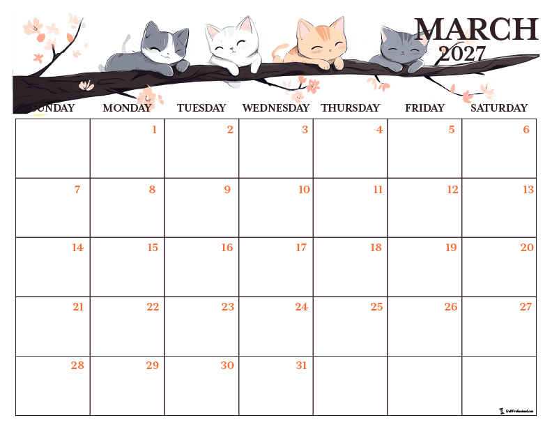 2027 March calendar with spring cats design. 2027 March calendar with spring cats design.