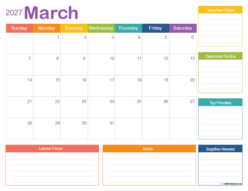 March 2027 calendar ideal for classroom teachers. March 2027 calendar ideal for classroom teachers.