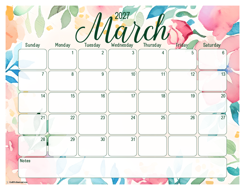 2027 March calendar with floral design. 2027 March calendar with floral design.