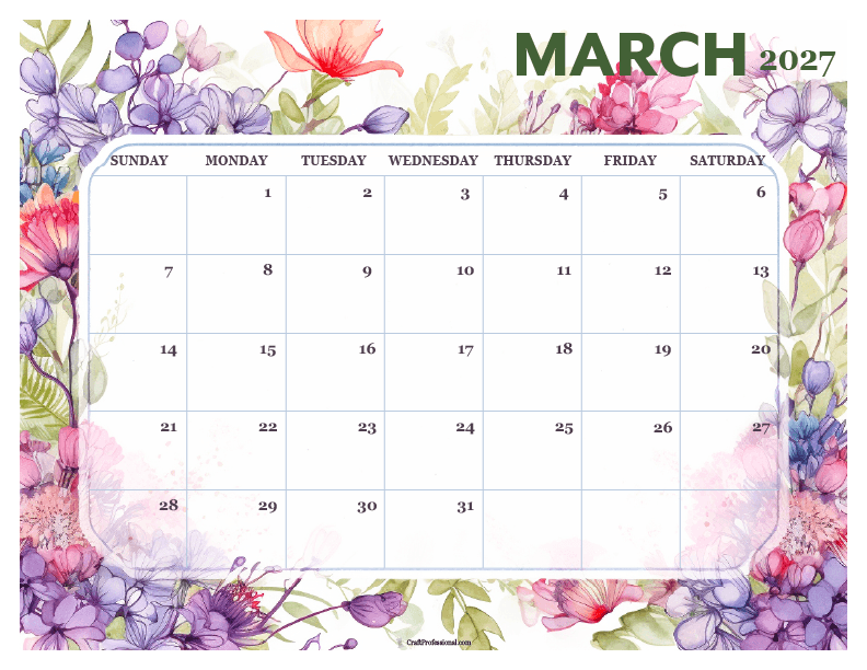 2027 March calendar with lush flowers. 2027 March calendar with lush flowers.