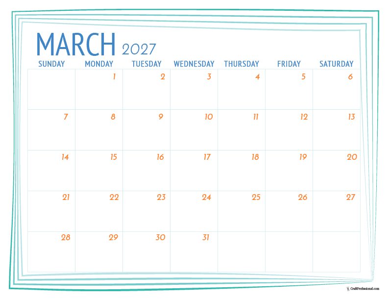 March 2027 calendar with simple, blue decorative frame. March 2027 calendar with simple, blue decorative frame.