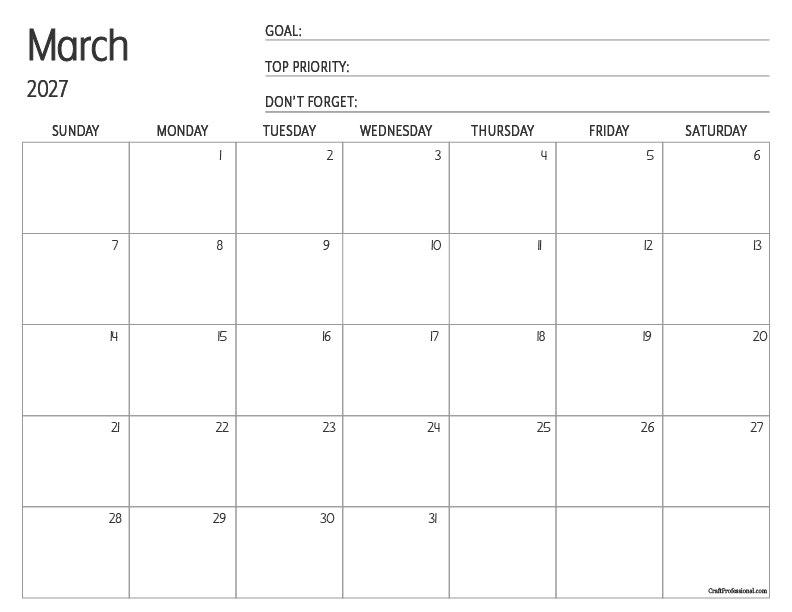 March 2027 calendar with space for goal planning. March 2027 calendar with space for goal planning.