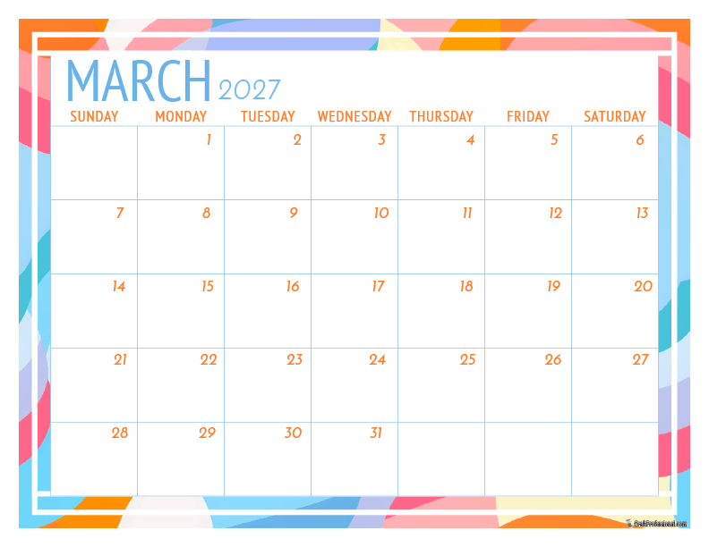 2027 March calendar with geometric frame design. 2027 March calendar with geometric frame design.
