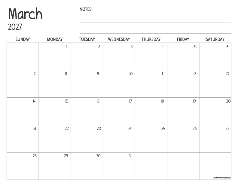 Printable 2027 MArch calendar, simple design with space for notes. Printable 2027 MArch calendar, simple design with space for notes.