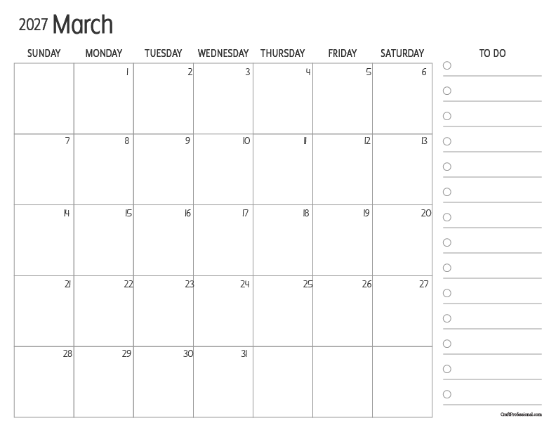 March 2027 printable calendar with a to-do list. March 2027 printable calendar with a to-do list.