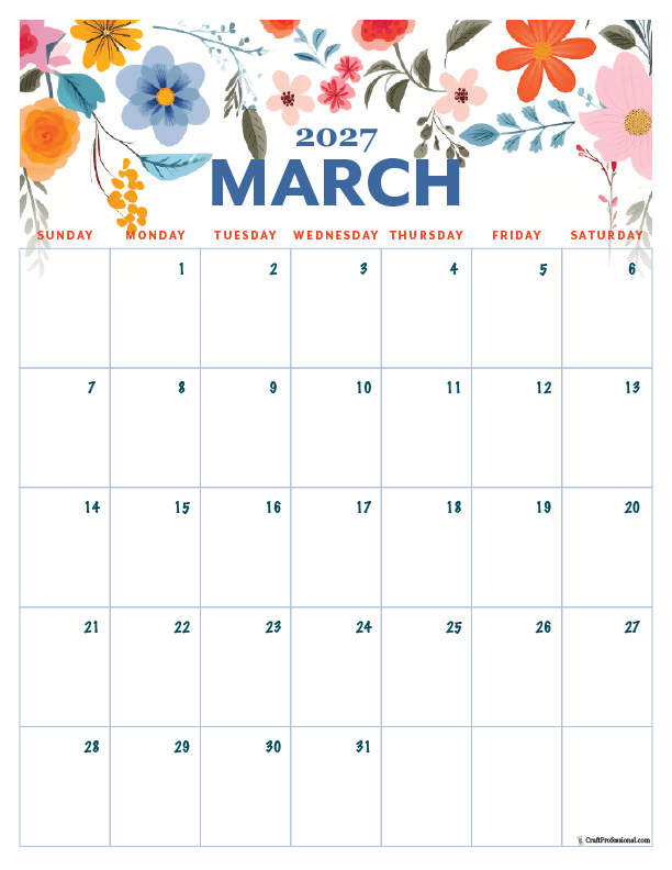2027 March calendar vertical folk art-style calendar. 2027 March calendar vertical folk art-style calendar.