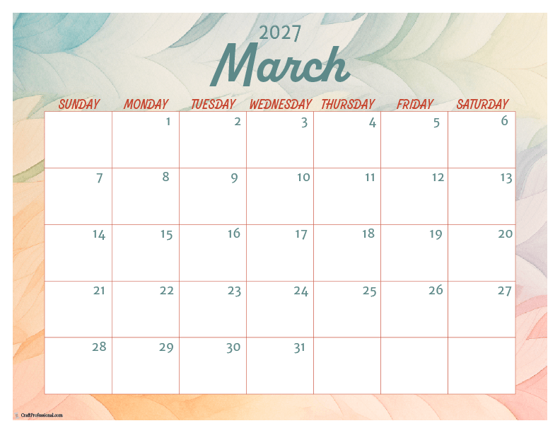 2027 March calendar with green and orange watercolor design. 2027 March calendar with green and orange watercolor design.