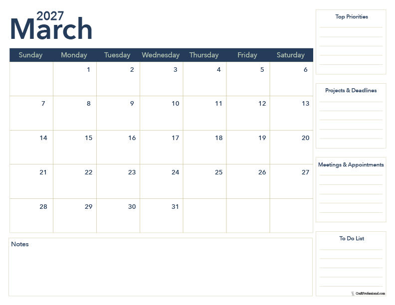 2027 March calendar ideal for work projects and meetings. 2027 March calendar ideal for work projects and meetings.