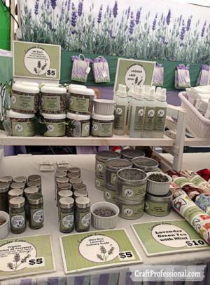 Handmade Lavender Products Displayed On A Tabletop Shelf Handmade Lavender Products Displayed On A Tabletop Shelf