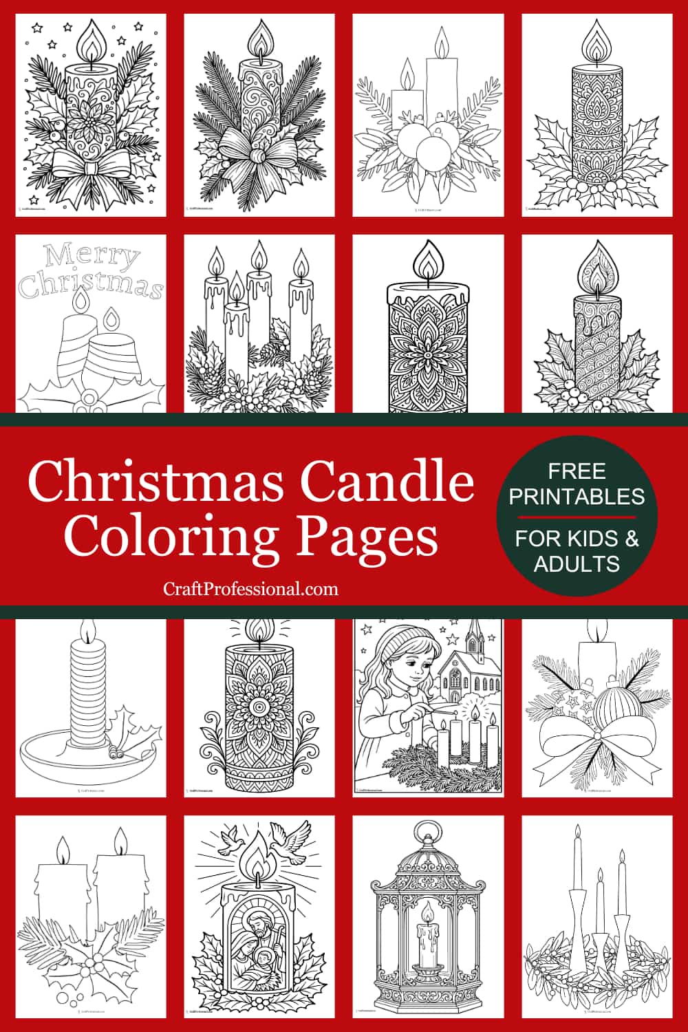 A collage of black-and-white Christmas candle coloring pages featuring holiday candles with holly, wreaths, and ornaments. Text overlay reads “Christmas candle coloring pages, free printables for kids & adults.”