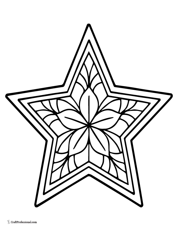 5-point star with thick outlines and floral pattern coloring sheet.
