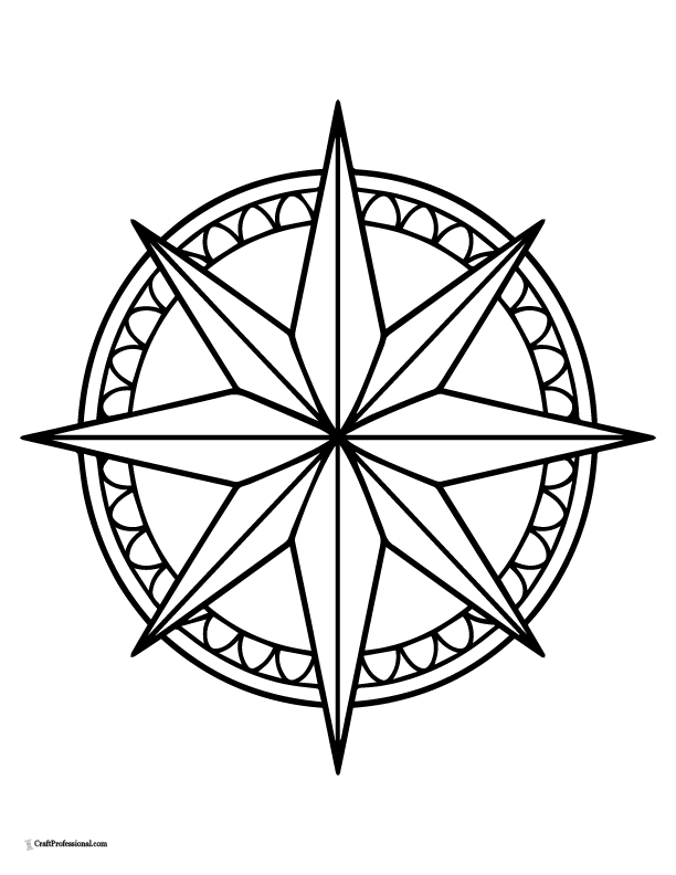 8-point compass star coloring page with crisp points.
