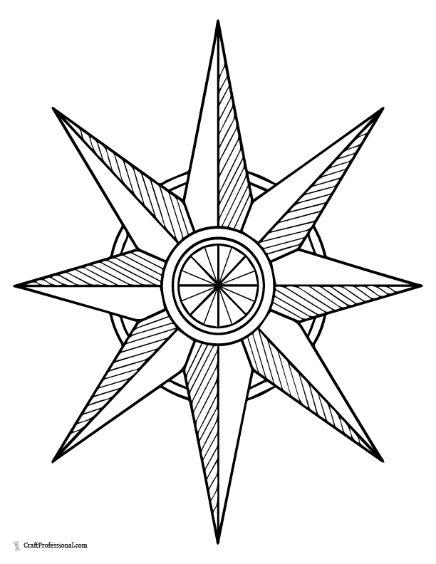 8-point compass star coloring page with crisp points and detailed, geometric pattern coloring sheet.