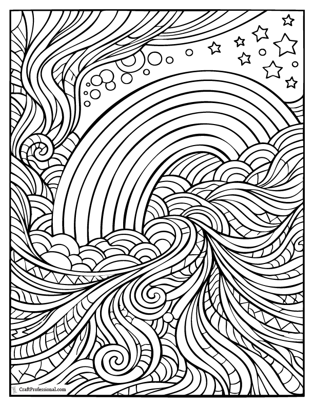 Intricate rainbow wave design in a detailed abstract coloring page.