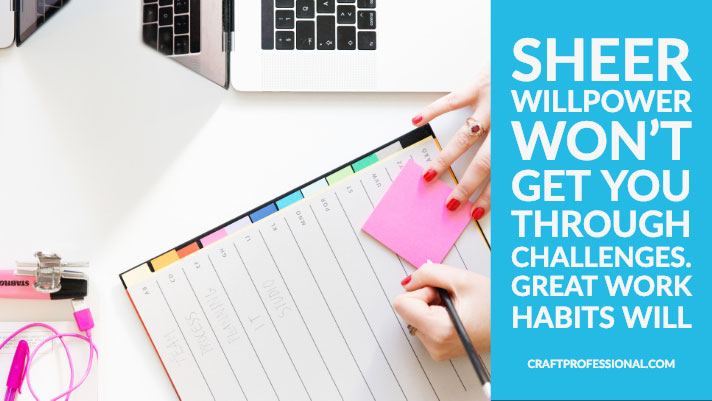 Woman writing in business planning journal with text overlay Sheer willpower won't get you through challenges. Great work habits will. Woman writing in business planning journal with text overlay Sheer willpower won't get you through challenges. Great work habits will.