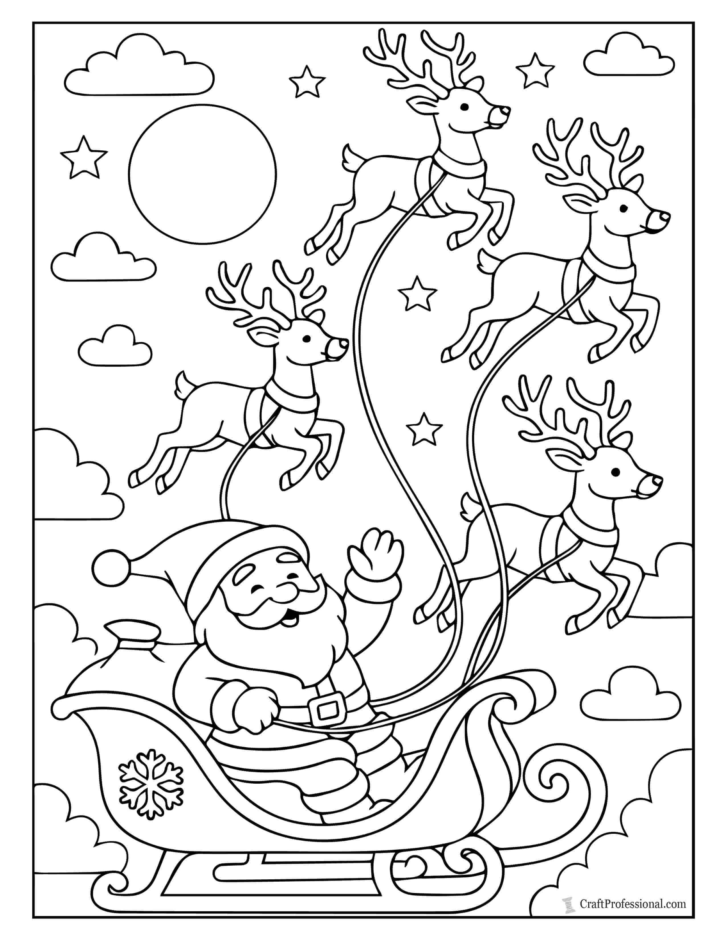 Santa flying with reindeer coloring pages